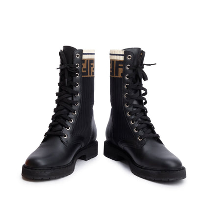 Fendi Black Leather FF Stretch Fabric Rockoko Biker Boots, Size 38