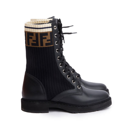 Fendi Black Leather FF Stretch Fabric Rockoko Biker Boots, Size 38