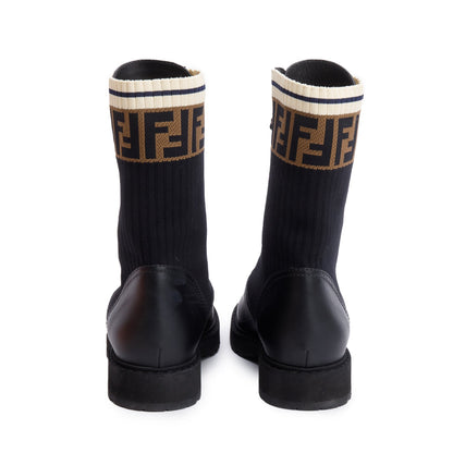Fendi Black Leather FF Stretch Fabric Rockoko Biker Boots, Size 38