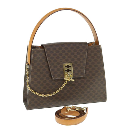 Luxury CELINE Macadam Canvas Hand Bag PVC Leather 2way Brown  62493