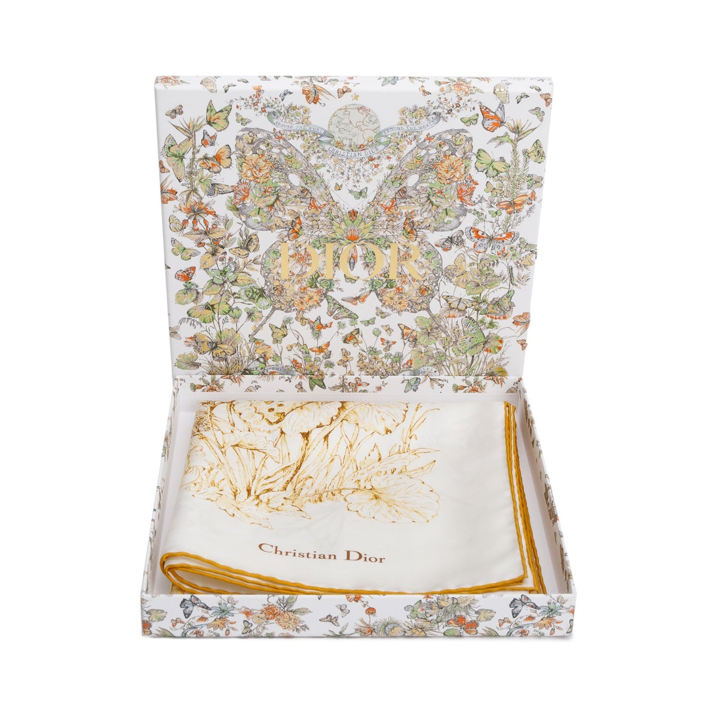 Christian Dior White/Yellow 'Around The World' Silk Scarf 90