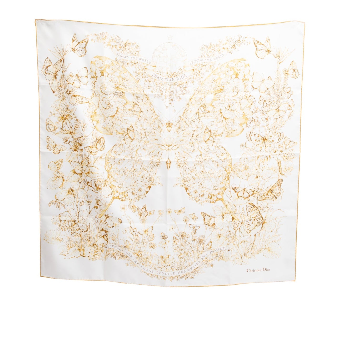 Christian Dior White/Yellow 'Around The World' Silk Scarf 90