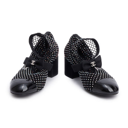 Chanel Black Interlocking CC Logo Bow & Crystal Accent Sock Boots, Size 38