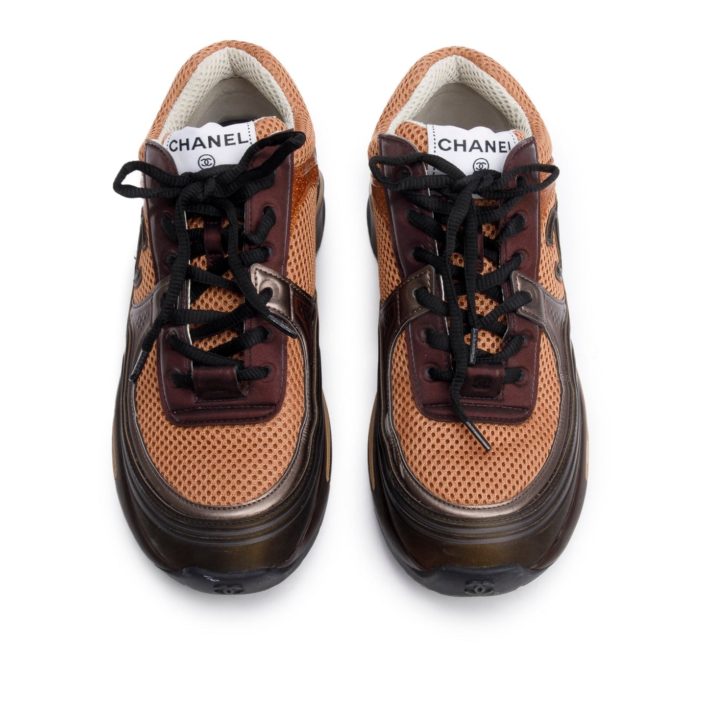 Chanel Brown PVC, Calfskin & Mesh CC Logo Low-Top Sneakers, Size 37.5