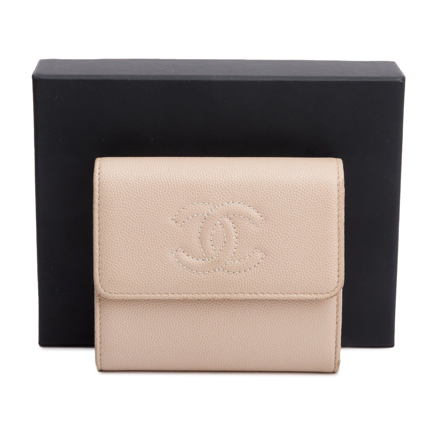 Chanel Beige Caviar Leather Timeless Trifold Compact Wallet