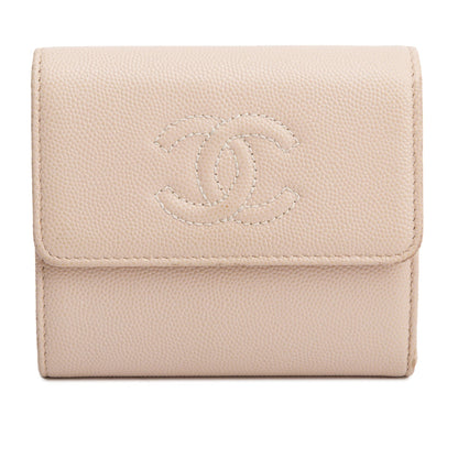 Chanel Beige Caviar Leather Timeless Trifold Compact Wallet
