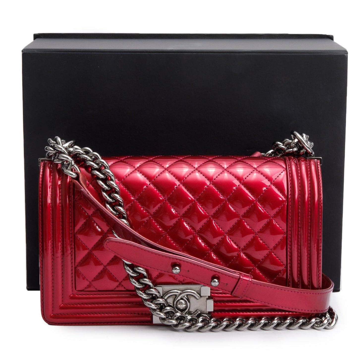 Chanel Red Patent Leather Medium Boy Bag