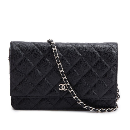 Chanel Black Quilted Caviar Leather Classic Wallet on Chain