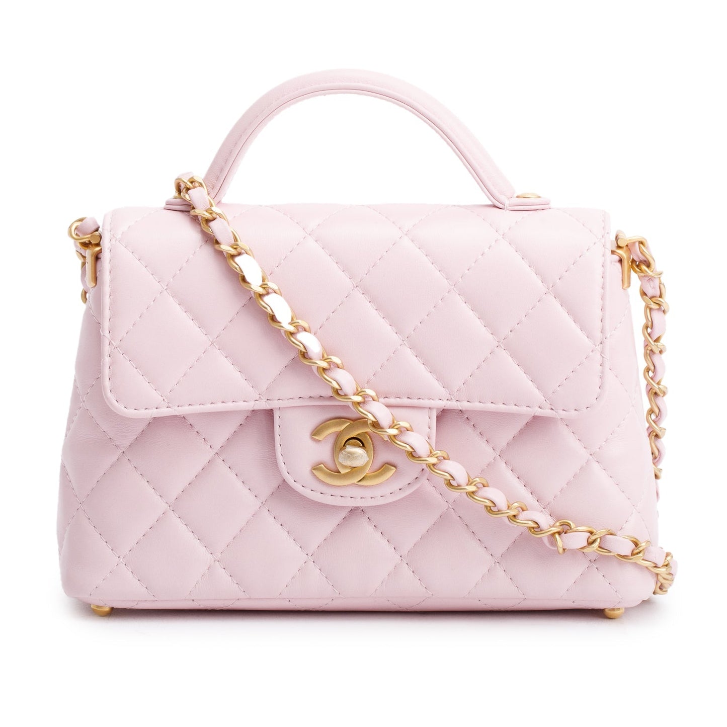 Chanel Pink Quilted Lambskin Leather Mini Top Handle Flap Bag