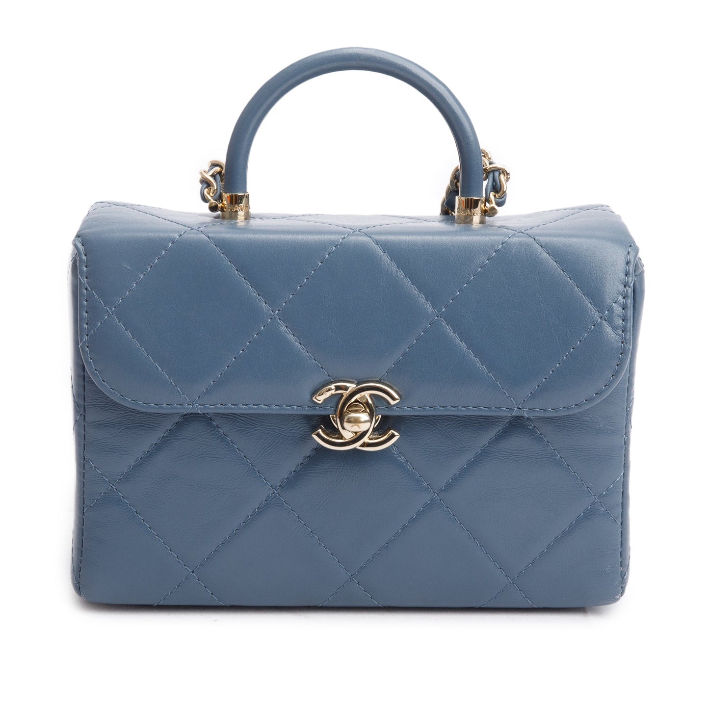 Chanel 2023 Blue Quilted Lambskin Leather Vanity Top Handle Bag