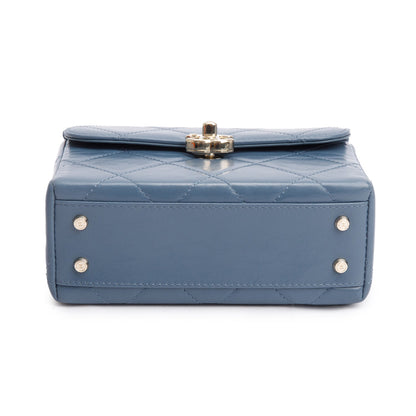Chanel 2023 Blue Quilted Lambskin Leather Vanity Top Handle Bag