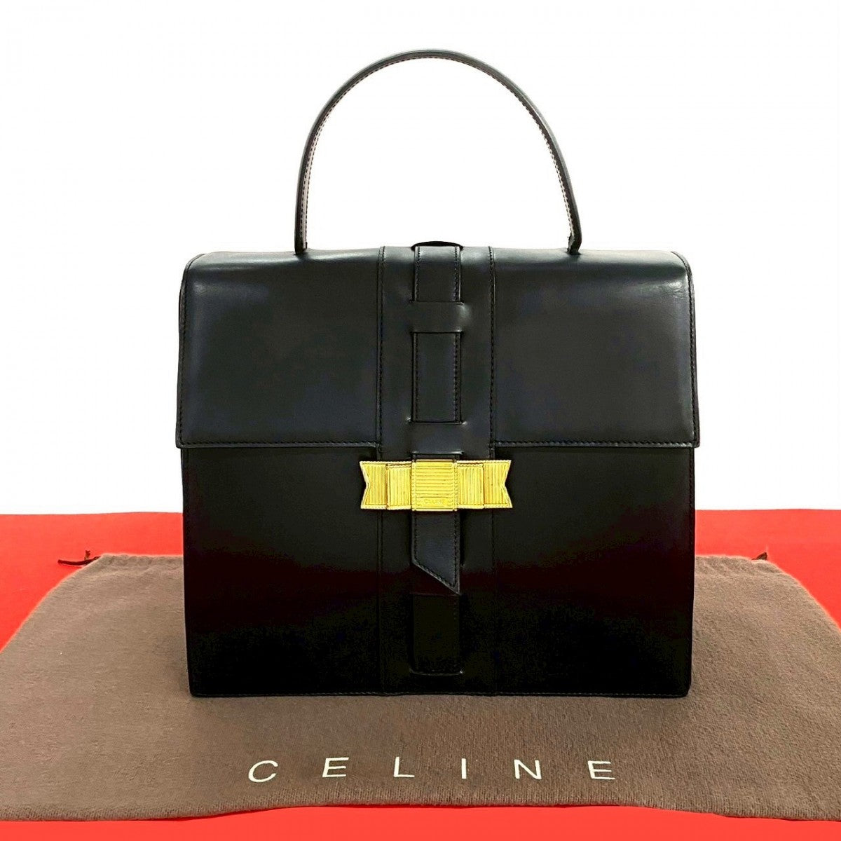 CELINE Handbag leather black logo ribbon Metal Women