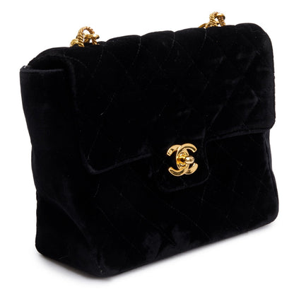 Chanel Vintage Black Quilted Velvet Small Square Single Flap Bag