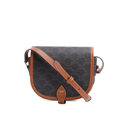 Celine 2021 Tan Triomphe Canvas and Calfskin Leather Medium Folco Crossbody Bag