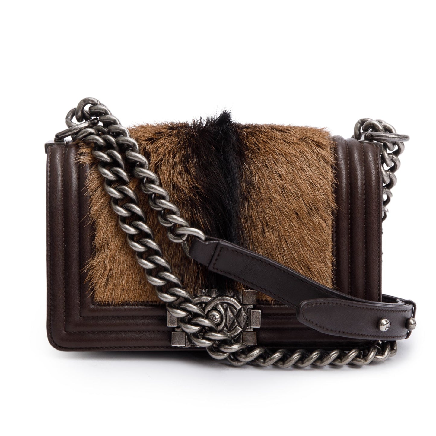 Chanel Brown Lambskin Leather Ponyhair Small Boy Bag