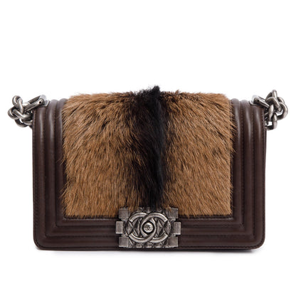 Chanel Brown Lambskin Leather Ponyhair Small Boy Bag