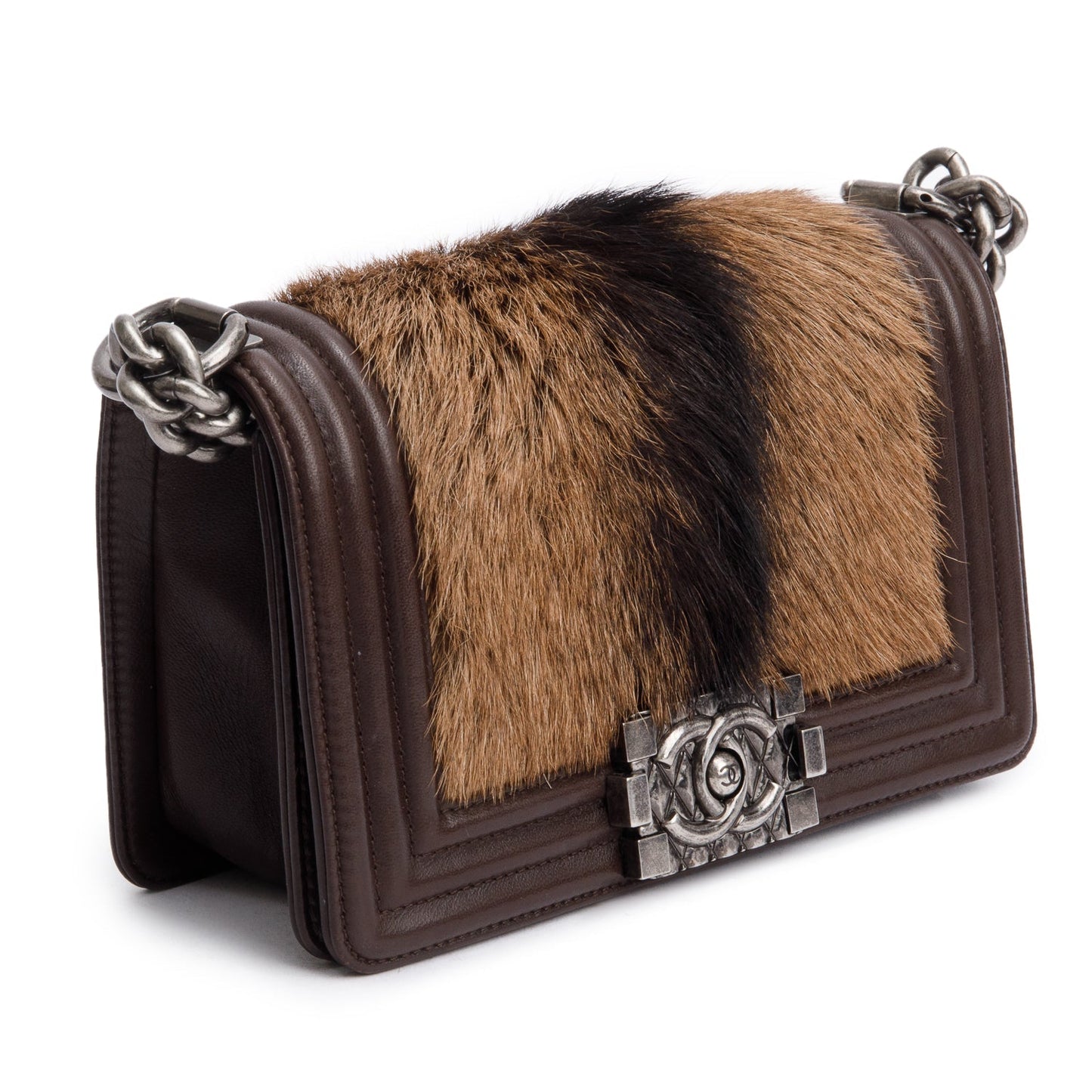 Chanel Brown Lambskin Leather Ponyhair Small Boy Bag