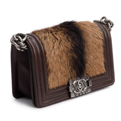 Chanel Brown Lambskin Leather Ponyhair Small Boy Bag