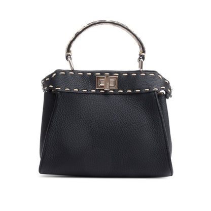 Fendi 2022 Black Calfskin Leather Python Trim Mini Selleria Peekaboo Bag