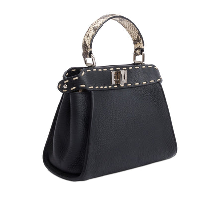 Fendi 2022 Black Calfskin Leather Python Trim Mini Selleria Peekaboo Bag