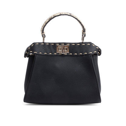 Fendi 2022 Black Calfskin Leather Python Trim Mini Selleria Peekaboo Bag