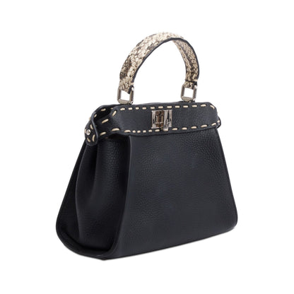 Fendi 2022 Black Calfskin Leather Python Trim Mini Selleria Peekaboo Bag