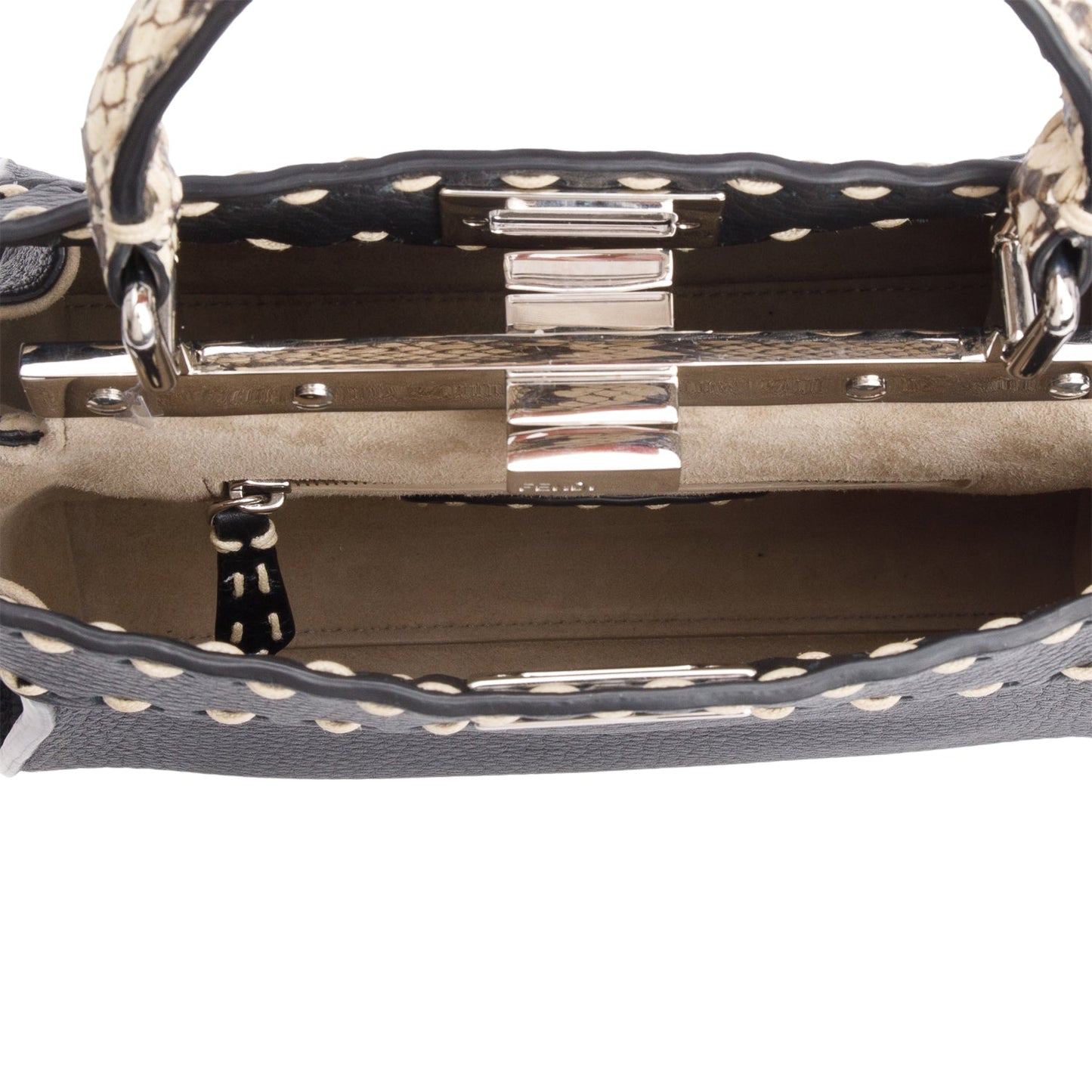 Fendi 2022 Black Calfskin Leather Python Trim Mini Selleria Peekaboo Bag