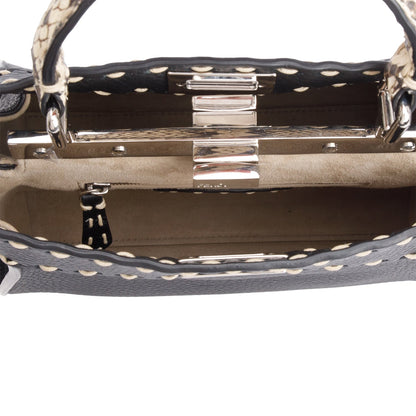 Fendi 2022 Black Calfskin Leather Python Trim Mini Selleria Peekaboo Bag
