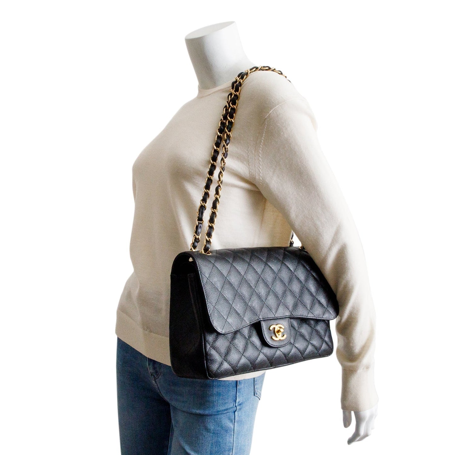 Chanel Black Quilted Caviar Leather Classic Jumbo Double Flap Bag