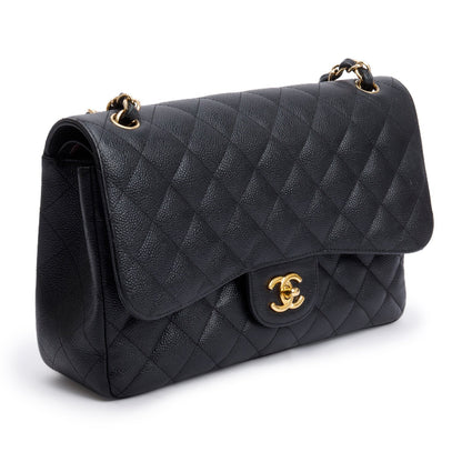 Chanel Black Quilted Caviar Leather Classic Jumbo Double Flap Bag