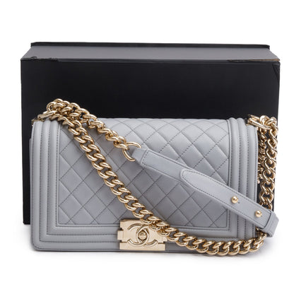 Chanel Grey Quilted Calfskin Leather Medium Boy Bag