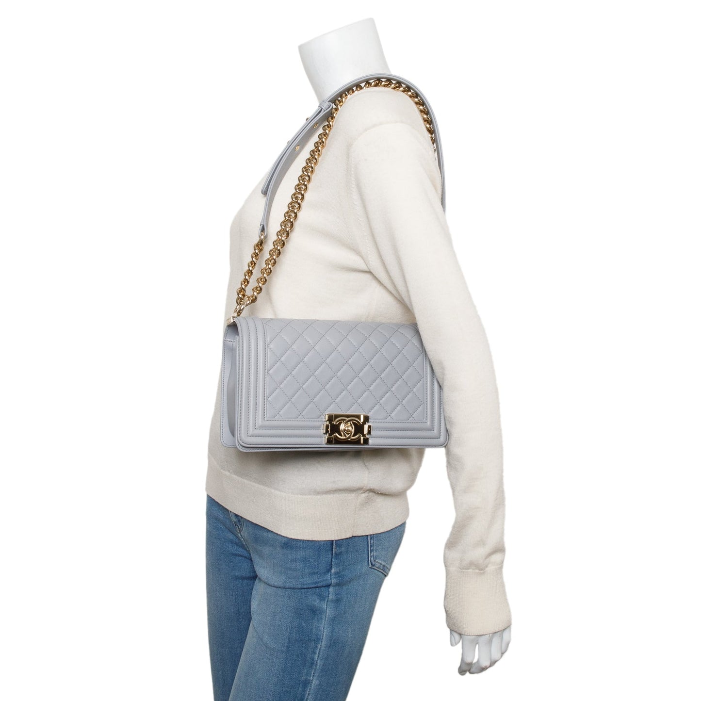 Chanel Grey Quilted Calfskin Leather Medium Boy Bag