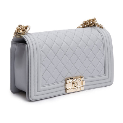 Chanel Grey Quilted Calfskin Leather Medium Boy Bag