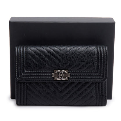 Chanel Black Chevron Caviar Leather Medium Boy Flap Wallet