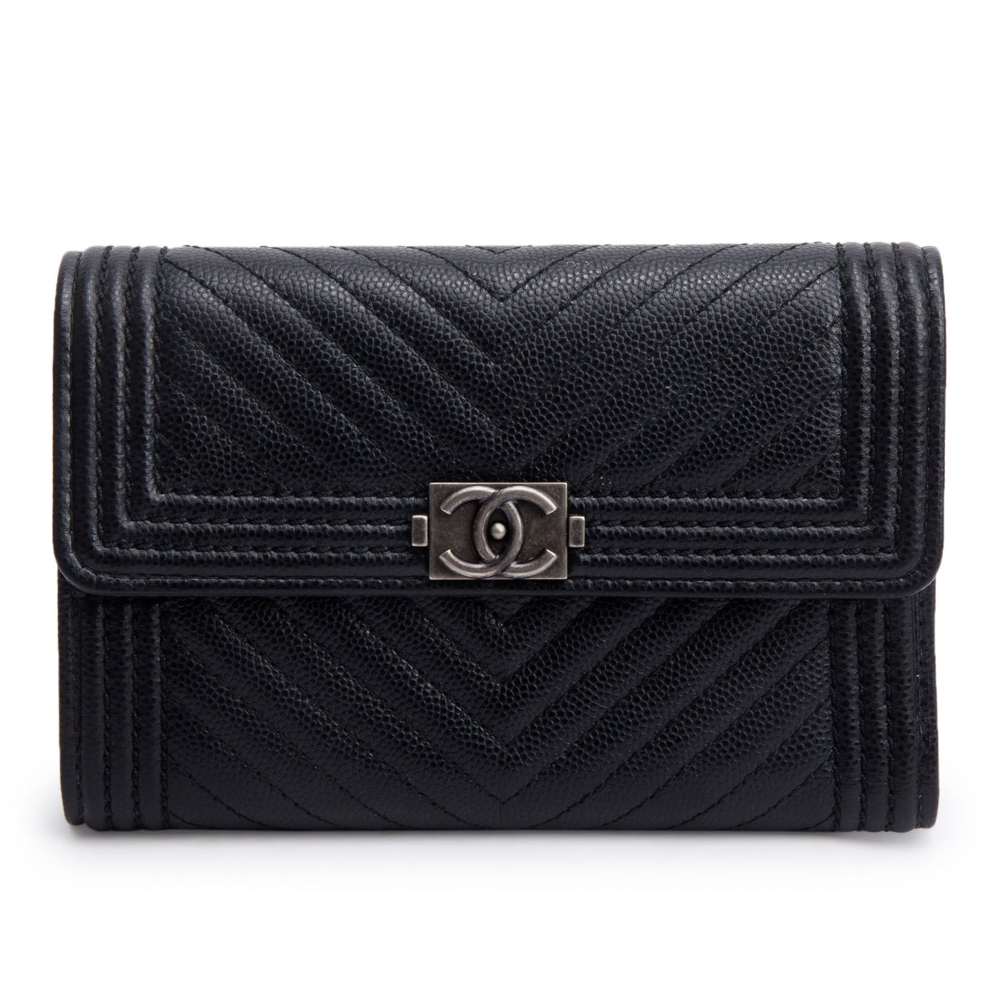 Chanel Black Chevron Caviar Leather Medium Boy Flap Wallet