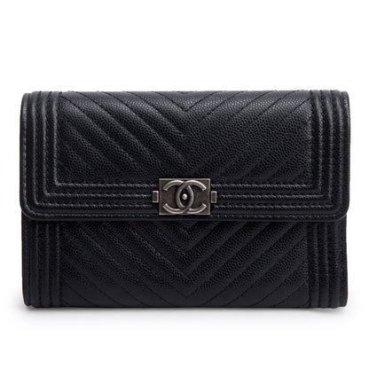Chanel Black Chevron Caviar Leather Medium Boy Flap Wallet