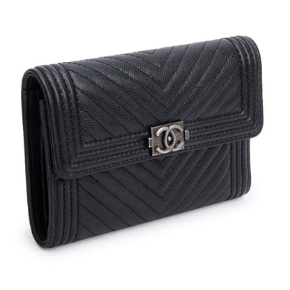 Chanel Black Chevron Caviar Leather Medium Boy Flap Wallet