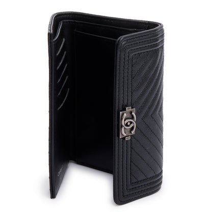 Chanel Black Chevron Caviar Leather Medium Boy Flap Wallet
