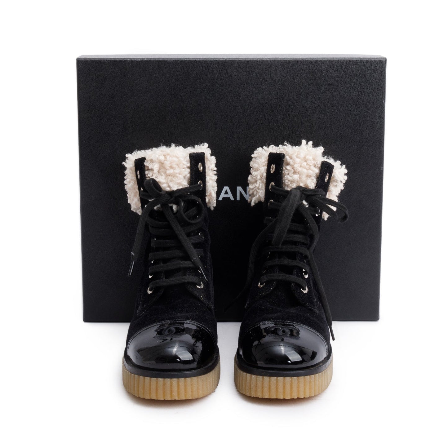 Chanel Black Patent Leather Fabric Shearling Trim Interlocking CC Logo Lace-Up Boots, Size 37