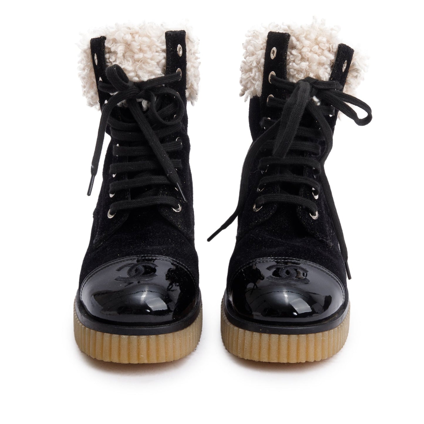 Chanel Black Patent Leather Fabric Shearling Trim Interlocking CC Logo Lace-Up Boots, Size 37