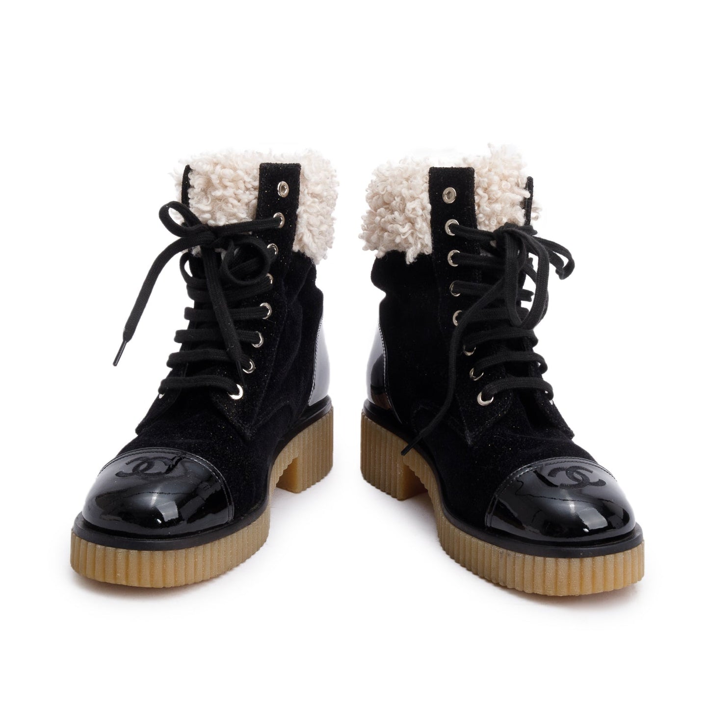 Chanel Black Patent Leather Fabric Shearling Trim Interlocking CC Logo Lace-Up Boots, Size 37