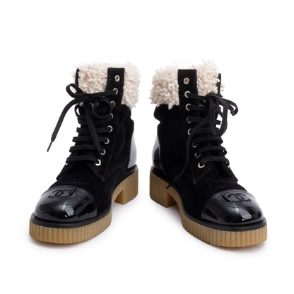 Chanel Black Patent Leather Fabric Shearling Trim Interlocking CC Logo Lace-Up Boots, Size 37