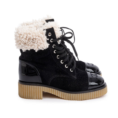 Chanel Black Patent Leather Fabric Shearling Trim Interlocking CC Logo Lace-Up Boots, Size 37