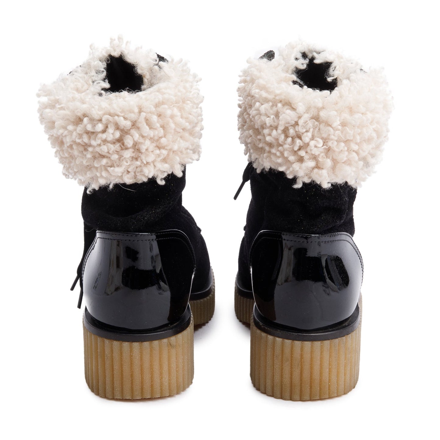 Chanel Black Patent Leather Fabric Shearling Trim Interlocking CC Logo Lace-Up Boots, Size 37