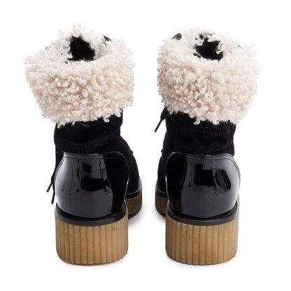 Chanel Black Patent Leather Fabric Shearling Trim Interlocking CC Logo Lace-Up Boots, Size 37