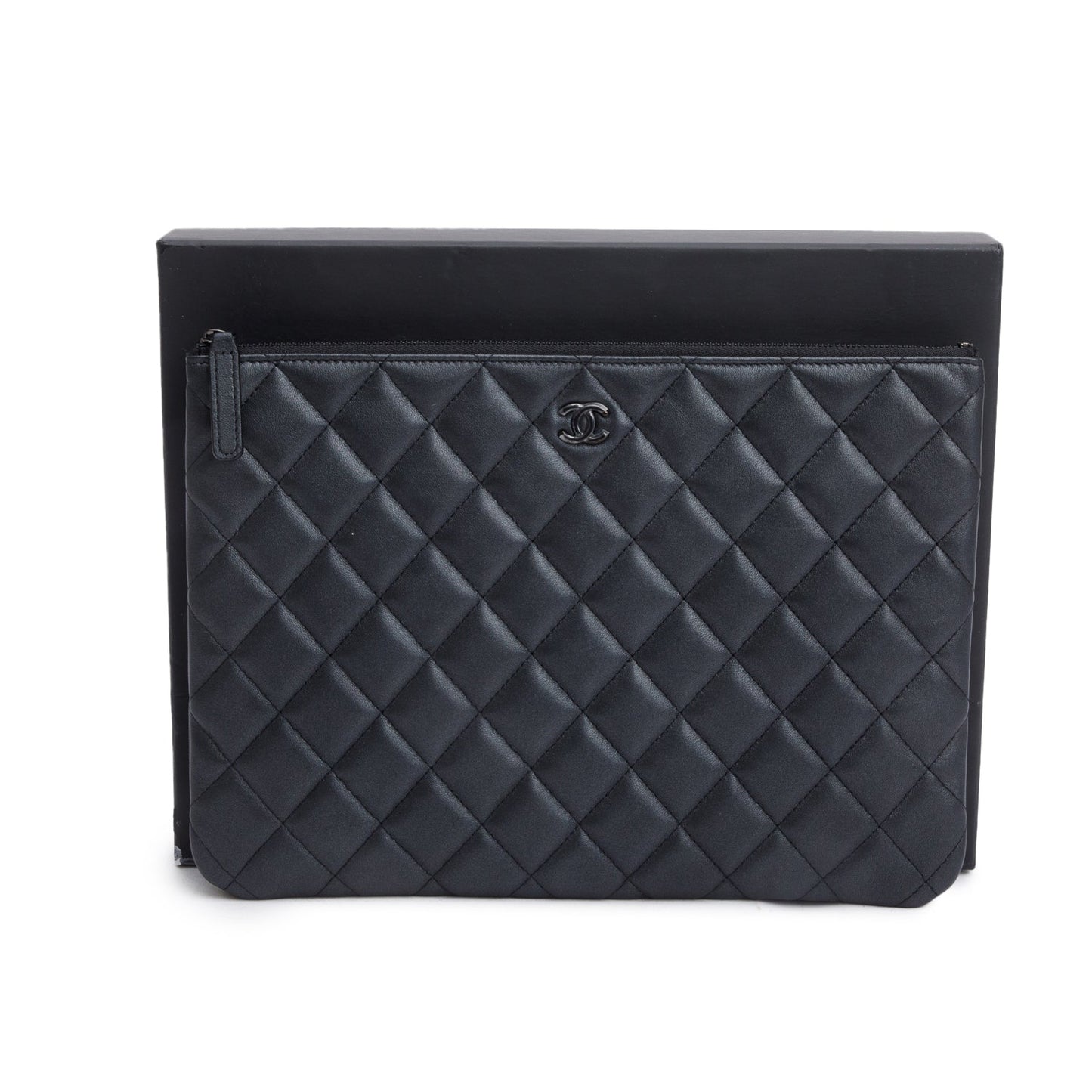 Chanel Black Quilted Lambskin Leather Medium O-Case Clutch