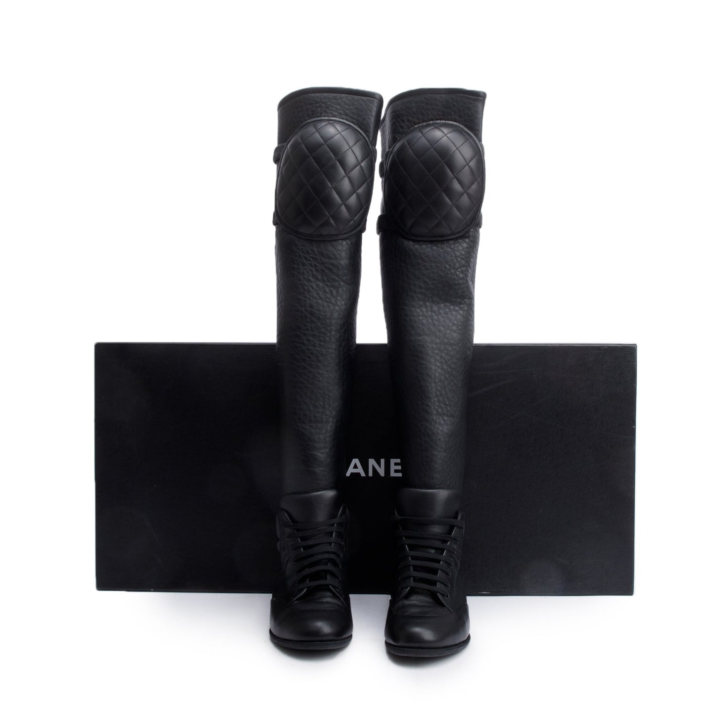 Chanel Black Leather Quilted CC Logo Knee High Sneaker Boots, Size 37