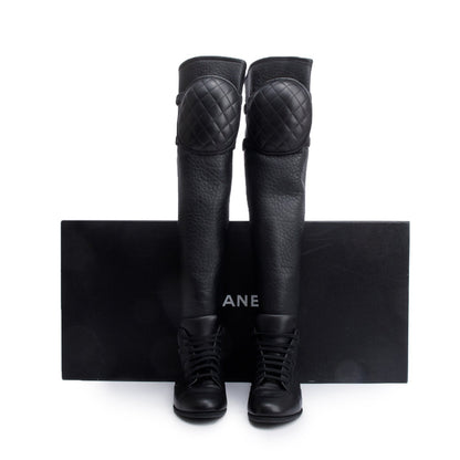 Chanel Black Leather Quilted CC Logo Knee High Sneaker Boots, Size 37