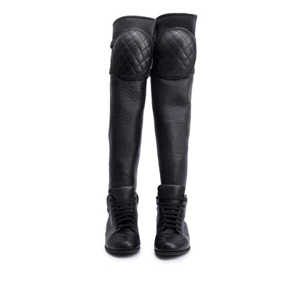 Chanel Black Leather Quilted CC Logo Knee High Sneaker Boots, Size 37