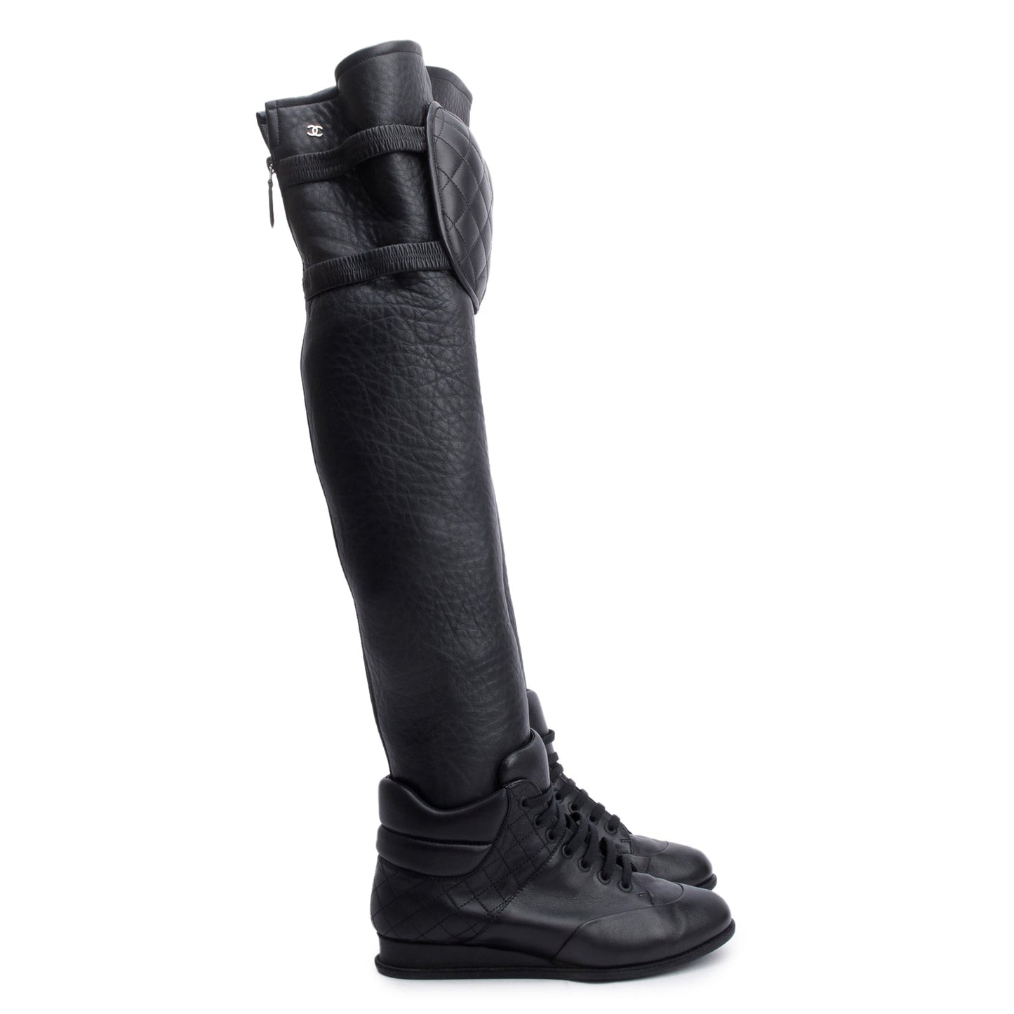 Chanel Black Leather Quilted CC Logo Knee High Sneaker Boots, Size 37